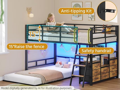 Bunk Bed Twin Over Twin,Low Bunk Bed with 8 Drawers & 4 Shelves & 15" H Safety Guardrail,Metal L-Shaped Twin Bunk Bed with LED Lights and Charging Station,Floor Bunk Beds with Ladder,Vintage Brown