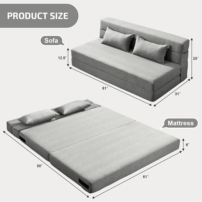 SUYOLS Folding Sofa Bed with Pillows- Convertible Chair Floor Couch & Sleeping Mattress, Foldable Memory Foam Sleeper for Living Room/Dorm/Guest Room/Home Office/Apartment/Loft, Queen, Light Gray