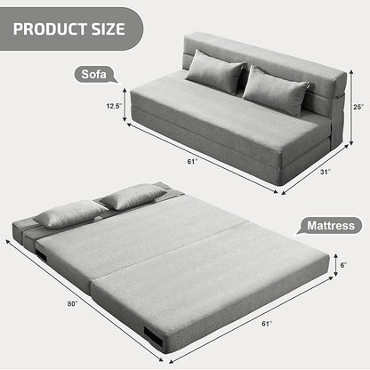 SUYOLS Folding Sofa Bed with Pillows- Convertible Chair Floor Couch & Sleeping Mattress, Foldable Memory Foam Sleeper for Living Room/Dorm/Guest Room/Home Office/Apartment/Loft, Queen, Light Gray