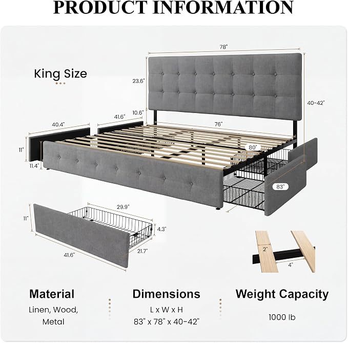 SHA CERLIN Upholstered King Size Platform Bed Frame with 4 Storage Drawers, Adjustable Headboard with Square Stitched Button Tufted Design, Wooden Slat Support, No Box Spring Needed, Light Grey
