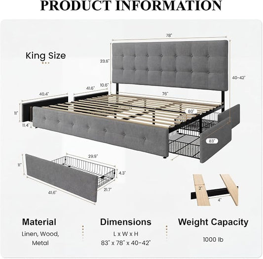 SHA CERLIN Upholstered King Size Platform Bed Frame with 4 Storage Drawers, Adjustable Headboard with Square Stitched Button Tufted Design, Wooden Slat Support, No Box Spring Needed, Light Grey