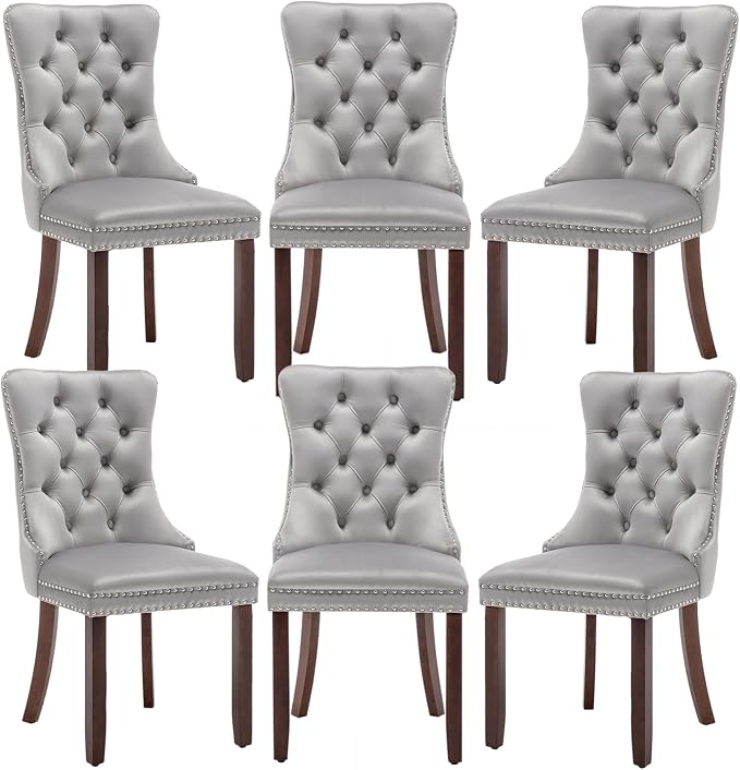 Hixkol Velvet Dining Chairs Set of 6,Upholstered Dining Chairs with Ring Pull Trim and Button Back,Modern Seating for Kitchen, Dining Room & Living Room(Light Gray)