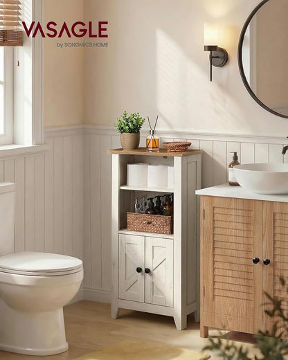 VASAGLE LIRY Collection - Storage Cabinet, Farmhouse Floor Cabinet with Drawers, Freestanding Storage Organizer for Bathroom, Barn Door, Adjustable Shelf, Cloud White and Rustic Brown UBBK313W101S