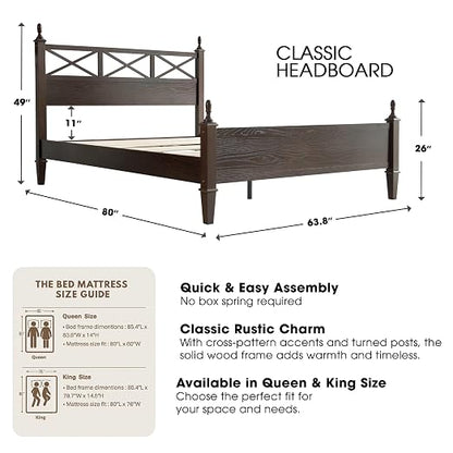 Queen Size Bed Frame with Headboard & Footboard, Solid Wood Platform Bed, Central Metal Legs, 12 Sturdy Slatted Base, Noise-Free & Anti-Slip, No Box Spring Needed, Dark Roast Oak Finish RIQ-32