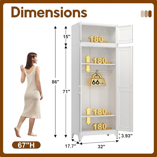 UNICOLY 86.6" Amoire Wardrobe Closet, 71" Wardrobe Cabinet with 15.74" Cabinet, Metal Closets with Hanging Rod for Bedroom School, Employee, Gym, Armarios De Ropa para Domitorio, White