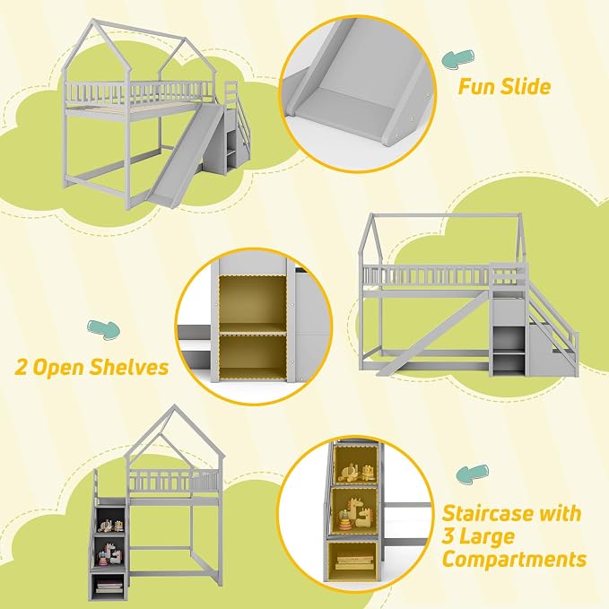 Giantex House Bunk Bed Twin Over Twin with Slide & Stairs, Wood Bunk Bed with Storage Shelves, No Box Spring Needed, Twin Floor Bed for Kids Teens Boys Girls (Grey)