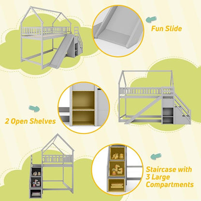 Giantex House Bunk Bed Twin Over Twin with Slide & Stairs, Wood Bunk Bed with Storage Shelves, No Box Spring Needed, Twin Floor Bed for Kids Teens Boys Girls (Grey)