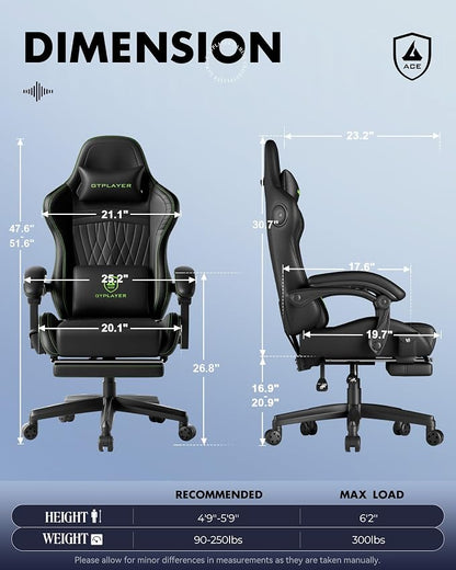 GTPLAYER Gaming Chair with Speakers, Video Game Chairs with Footrest, PC Gamer Chairs for Adults - Padded High Back Ergonomic Reclining Silla Gamer, Linkage Armrest, Ace Pro, Green