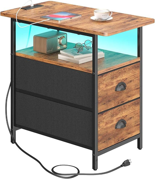 sthmec End Table with Charging Station, Narrow Side Table with 2 Drawers, LED Nightstands with Drawers, USB Ports&Power Oulets,Slim Sofa Side Tables for Small Spaces,Living Room,Bedroom,Rustic Brown