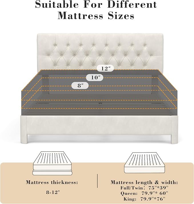 Queen Size Bed Frame with Headboard, Luxury Velvet Fabric Upholstered Bed frame with Button Tufted Design, Strong Wooden Slats Support - Low & Sturdy, Noise-Free, No Box Spring, Easy Assembly, Beige | Plush velvet