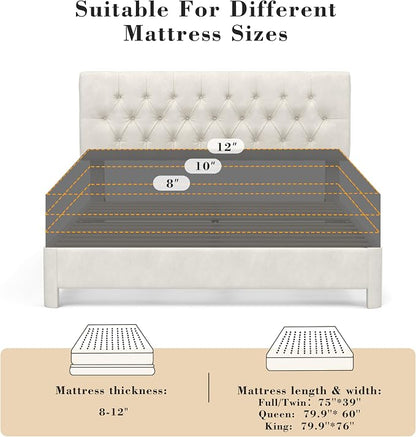 King Size Bed Frame with Headboard, Luxury Velvet Fabric Upholstered Bed frame with Button Tufted Design, Strong Wooden Slats Support - Low & Sturdy, Noise-Free, No Box Spring, Easy Assembly, Beige | Plush velvet