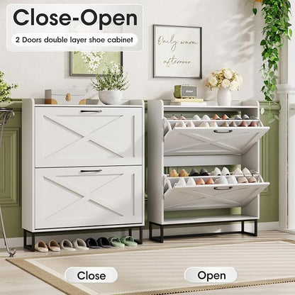 Maupvit Shoe Cabinet with 2 Flip Drawers, Freestanding Shoe Cabinet Organizer with Metal Legs, Shoes Storage Cabinet for Entryway, Narrow Shoe Rack Cabinet, White