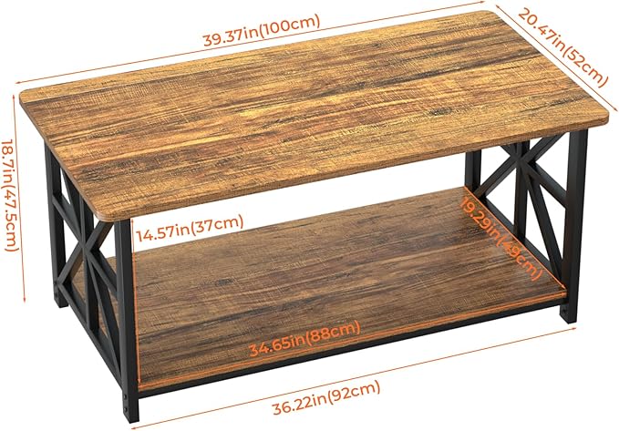 GreenForest Round Corners Coffee Table for Living Room | Rustic Style Center Table with Storage Shelf,39 Inch Space Saving,X-Frame Sofa Table,Easy Assembly,Walnut