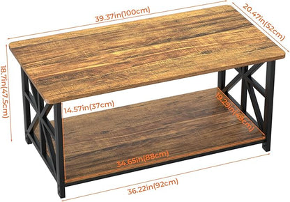GreenForest Round Corners Coffee Table for Living Room | Rustic Style Center Table with Storage Shelf,39 Inch Space Saving,X-Frame Sofa Table,Easy Assembly,Walnut