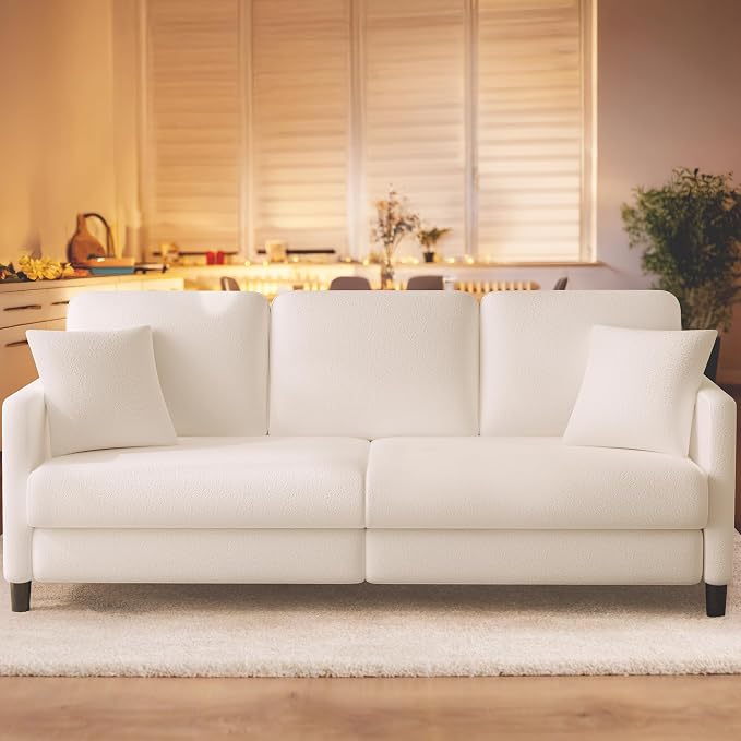 Welzona 83" Couches for Living Room, Teddy Sofa Couch, Comfy Sofas for Living Room, Tool-Free Setup Loveseat Sofa, All-Wood Love Seat Couches, Small Couch with 2 Pillows, Beige White