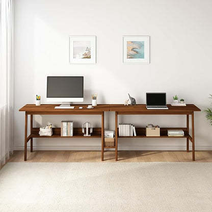 NELYE 2-Person Writing Desk with Bookshelf - 79" Wooden Extra Long Home Office Work Table, Double Study Computer Workstation with Storage Shelves in Walnut, 79" W x 24" D