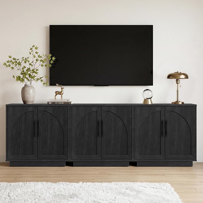 Fatmok Arched Sideboard Buffet Accent Cabinet, 31.5" Credenza with Adjustable Shelf, 3-Piece Modular Coffee Station Storage for Kitchen Living Room Bedroom, Black Grey