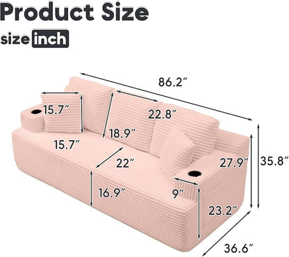 86.2'' Boneless Sofa Couch with Cup Holders & Side Pockets, Modern Corduroy Fabric Upholstered 3-seat Couch with 2 Throw Pillows for Living Room, Office, No Assembly (Pink)