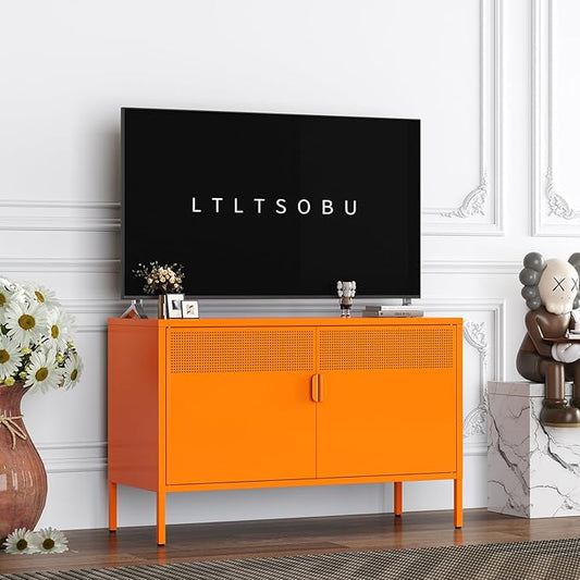 Orange Metal Storage Cabinet with 2 Doors - 25''H TV Stand, 2 Tier Locker with Adjustable Shelves, Multipurpose TV Cabinet for Office, Home, Living Room, Kitchen
