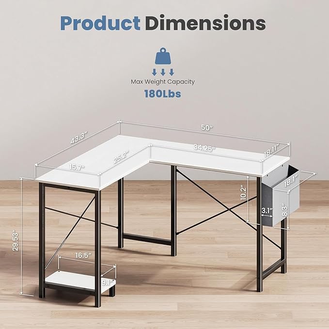 Sweetcrispy L Shaped Desk Computer Gaming Corner Table PC Workstation with CPU Stand Side Bag for Home Office Dorm Sturdy Writing Setup Furniture White 50 Inch Desk