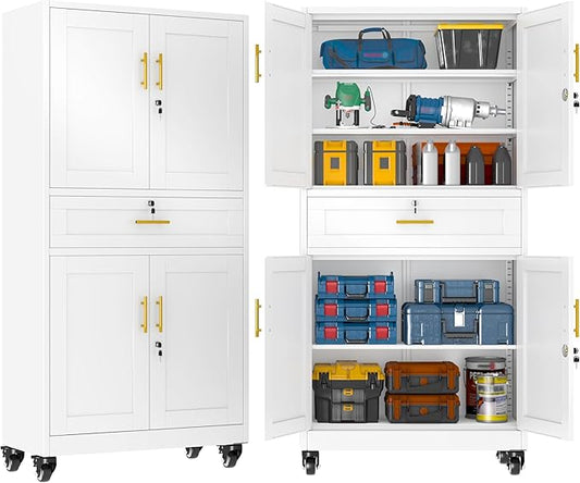 GAIOUS Metal Garage Storage Cabinet with Wheels and Drawer, Steel File Cabinet for Home Office, 71'' Tall Tool Cabinet with 4 Locking Doors and 3 Adjustable Shelves, Rolling Cabinet for Garage - White