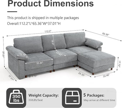 Oversized L Shaped Sectional Couch for Living Room, Extra Large Deep Seat Modular Sectional Sofa with Washable Covers, Modern Cloud Couch for Apartment, Bedroom (Light Gray, L Shape 4 Seat)