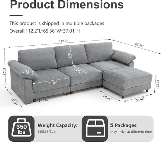 Oversized L Shaped Sectional Couch for Living Room, Extra Large Deep Seat Modular Sectional Sofa with Washable Covers, Modern Cloud Couch for Apartment, Bedroom (Light Gray, L Shape 4 Seat)