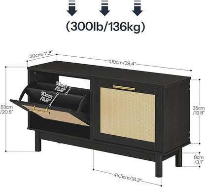 HOOBRO Rattan Shoe Storage Bench with Double Flip Drawers, Narrow Shoe Storage Organizer for Entryway, 11.8" D x 39.4" W x 20.9" H, Hidden Space Saving Wooden Shoe Cabinet for Hallway, Black BN51HX01