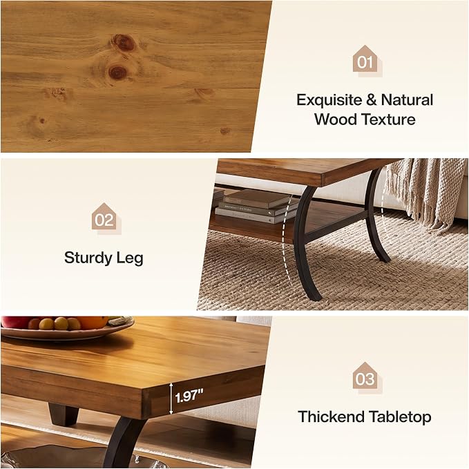 Solid Wood Coffee Table, 2-Tier Farmhouse Wood Coffee Table with Storage Shelf and Curved Metal Legs, 47" Center Table Industrial Rustic Living Room Tea Table