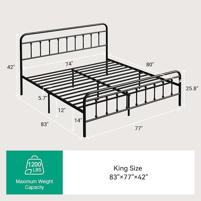 Novilla Metal King Size Bed Frame - Modern Minimalist Victorian Style with Headboard/Footboard, Heavy-Duty Steel Slats/Underbed Storage/No Box Spring Needed/Easy Assembly/Noise Free/Black