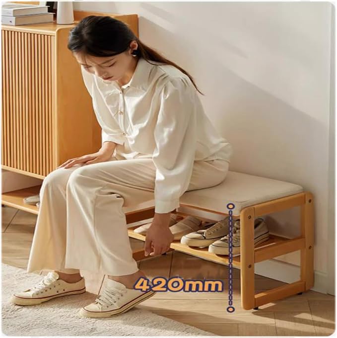 Shoe Rack Storage Bench -Beech Wood Shoe Shelf with Cushioned Seat and Organizer Compartment, Upholstered Bench Minimalist Shoe Rack Benchfor Closet, Entryway, Hallway, Bedroom(45*30*42CM, A)