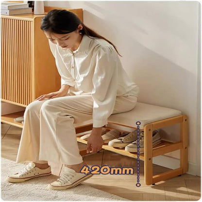 Shoe Rack Storage Bench -Beech Wood Shoe Shelf with Cushioned Seat and Organizer Compartment, Upholstered Bench Minimalist Shoe Rack Benchfor Closet, Entryway, Hallway, Bedroom(45*30*42CM, A)