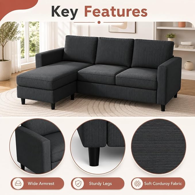73.6" Convertible Sectional Sofa Couch with Reversible Ottoman, Modern 3-Seater L-Shaped Couch for Small Spaces, Compact Fabric Sofa for Apartment, Living Room & Office, Easy Assembly (Gray)