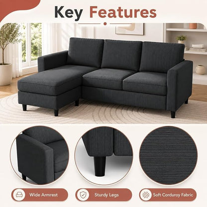 73.6" Convertible Sectional Sofa Couch with Reversible Ottoman, Modern 3-Seater L-Shaped Couch for Small Spaces, Compact Fabric Sofa for Apartment, Living Room & Office, Easy Assembly (Gray)