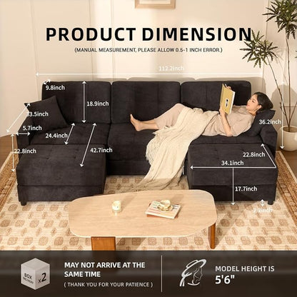 112" U Shaped Modular Cloud Sectional Couch, Waffle Fabric, Black | Modular Deep Seat Sofa, Movable Ottoman, Pocket Spring Cushions, 2-Box Delivery, Living Room Lounge Use, Not Boneless