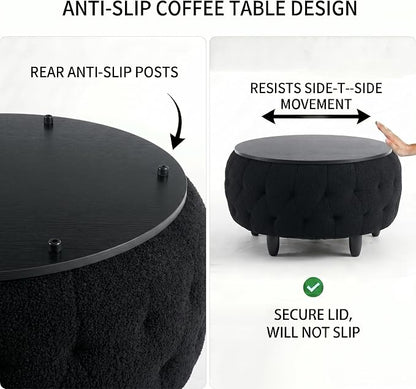 Large Round Storage Ottoman Coffee Table with Wooden Tabletop, 32 Inches Teddy Fleece Tufted Ottoman for Living Room, Bedroom, Apartments (Black)