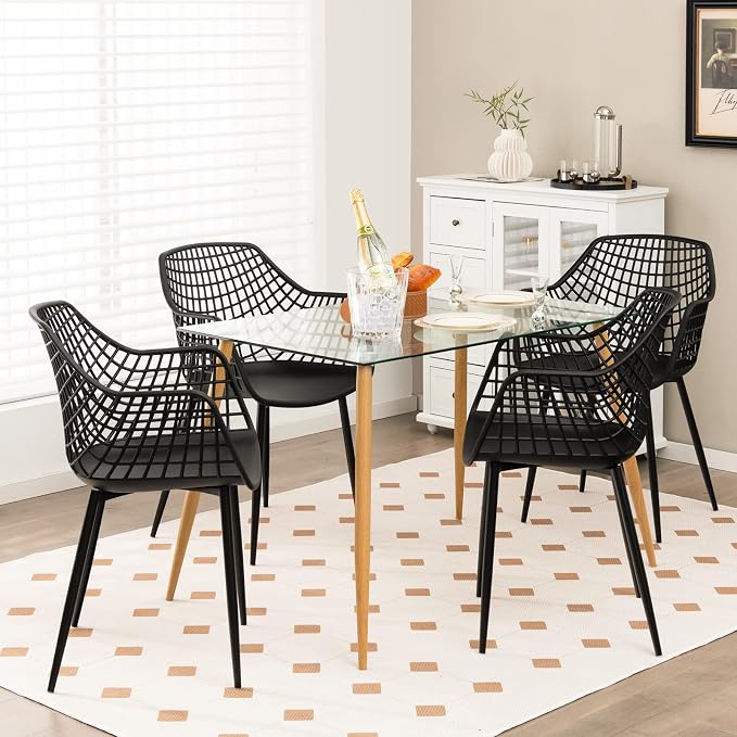Giantex Modern Dining Chairs Set of 4 - Black Arm Chair with 15" High Backrest, Powder-Coated Metal Legs, Anti-Slip Foot Pads, Max Load 265 lbs, Kitchen Dining Room