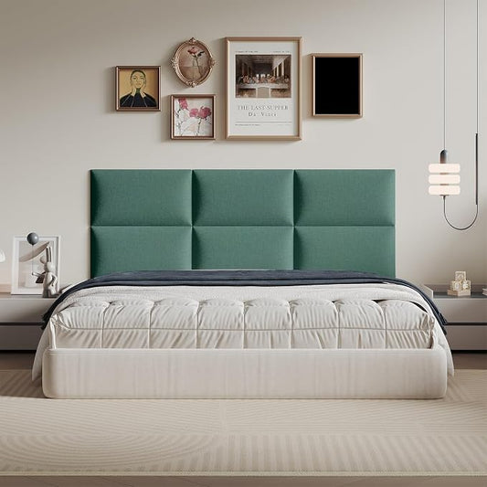 12-Piece Green Linen Upholstered Headboard King Size, Wall Mounted Panel Set, Lush Fabric Headboard & Wall Decor for Bedroom