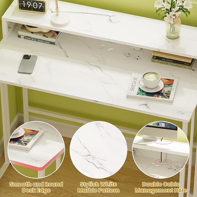 Gezen Folding Desk with Storage Shelf, Mobile Couch Desk Sofa Side Table Bed for Home Office Small Space, White Marble, 31.5