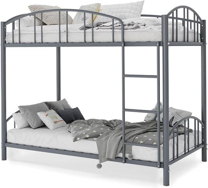 GarveeHome Metal Bunk Bed Twin Over Twin, Heavy Duty Bunkbeds Frame with Arched Guardrail and Safety Ladder, Sturdy Steel Bed for Kids Boys Girls, Space-Saving, No Box Spring Needed, Gray