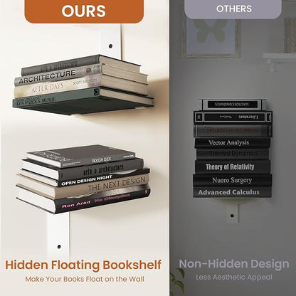 Wawocs Invisible Bookshelves for Wall, 8 Tier Floating Bookshelf Made of Heavy Duty Metal, Vertical Spine Book Tower Hanging Wall Bookshelf, Floating Book Shelves for Wall, 4 Pack White