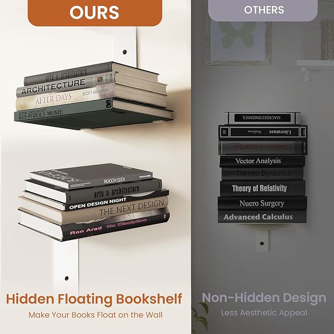 Wawocs Invisible Bookshelves for Wall, 4 Tier Floating Bookshelf Made of Heavy Duty Metal, Vertical Spine Book Tower Hanging Wall Bookshelf, Floating Book Shelves for Wall, 2 Pack White