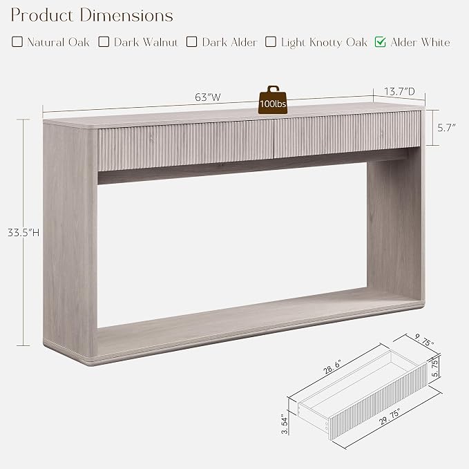 OKD 63" Fluted Console Table for Entryway, Modern Entryway Table with 2 Large Drawers, Long Sofa Table Behind Couch for Living Room, Hallway, Couch, Foyer，Alder White