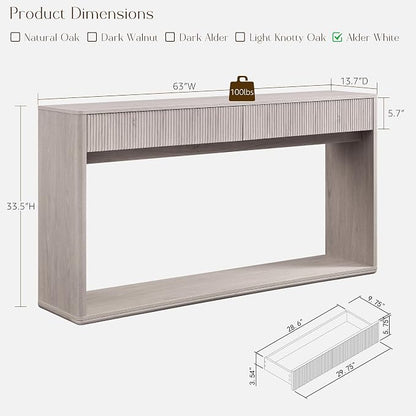 OKD 63" Fluted Console Table for Entryway, Modern Entryway Table with 2 Large Drawers, Long Sofa Table Behind Couch for Living Room, Hallway, Couch, Foyer，Alder White