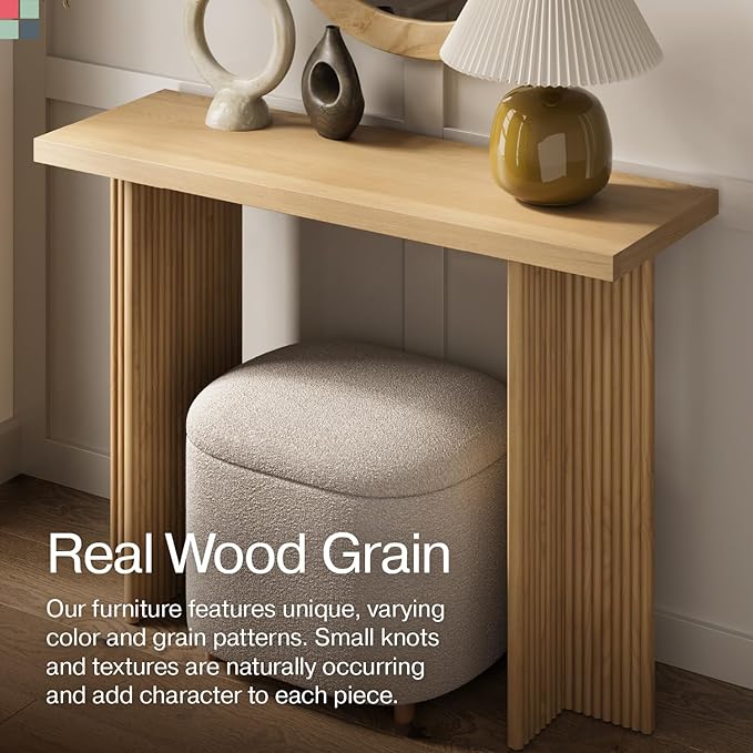 Stead Modern Console Table - Natural Oak, Fluted Solid Wood - Slim Entryway Table with Drawers & Curved Cross Base