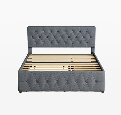 Ball & Cast Queen Bed Frame with Adjustable Headboard,Upholstered Platform Bed Frame Queen Size with 2 Wood Storage Drawers & Pull‑Out Trundle Bed,Wooden Slats Support,No Box Spring Needed,Dark Gray