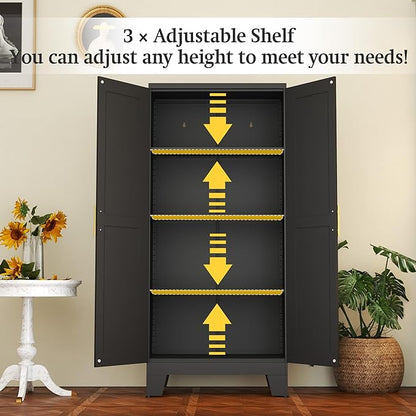 Black Metal Storage Cabinet, 61" Steel Cabinets for Home Office | Kitchen Pantry Storage Cabinet with Doors and 3 Adjustable Shelves, Metal Tool Cabinet, for Office, Home, Garage, School