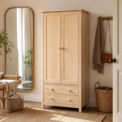 From the Tree Furniture Wardrobe – 2-Door Armoire with 2 Drawers, Unfinished Pine, 29.52″ W × 20.86″ D × 70.86″ H – Bedroom Closet with Hanging Rail & Metal Runners