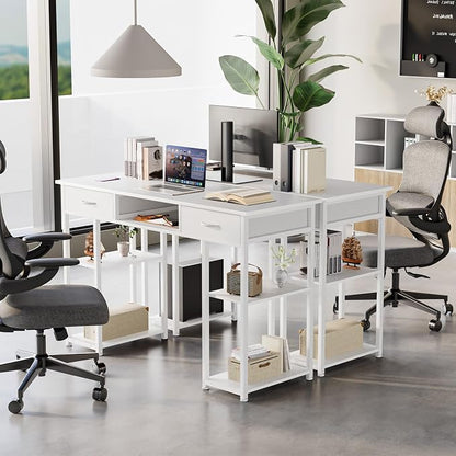 DUMOS 48" Small Computer Home Office Desk for Bedroom with Drawers, Gaming Writing Study Table with Storage Shelf, Adjustable Feet, Compact Desk for Gaming and Home Office Use, Metal Frame White