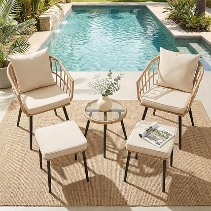 5 Piece Patio Furniture Set, Outdoor Wicker Small Conversation Bistro Set, All-Weather PE Rattan Chairs with Ottoman & Coffee Table, Ideal for Balcony Porch Deck Yard Poolside